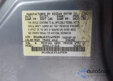 2007 Nissan Sentra 2.0 from USA, damaged, VIN 3N1AB61E37L659234